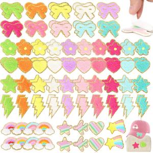 Self-Adhesive Chenille Patches for Girly Bags: NICEVINYL 116PCS Multicolor Flower Star Heart Cute Patch Embroidered Stick on - Lightning Rainbow Sticker Applique for Clothing Fabric Backpack Decor