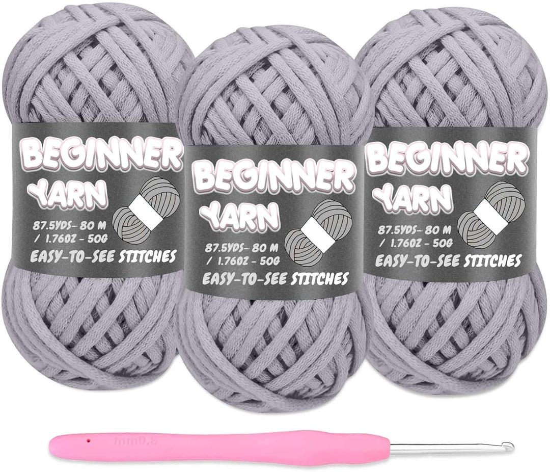 Crochet Kit for Beginners, 3x50g Chunky Cotton Yarn, Light Grey for Crocheting & Knitting, Easy Stitches