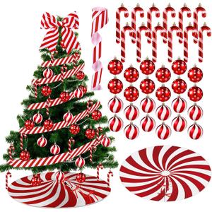 Shappy 38 Pcs Christmas Tree Ornaments Sets, Candy Cane Red White Stripes Xmas Tree Hanging Decorations, Plastic Xmas Ball Variety Shapes with Ribbon New Year Holiday Party Supplies (Cute,31.5'')
