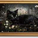 Vintage Gold Framed Black Cat Wall Art Dark Cottagecore Painting 12x16 Inch