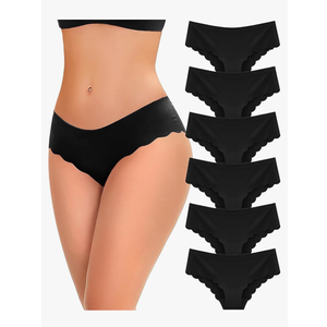 Pack of 6 Seamless Underwear for Women Sexy Low Rise Hipster Wave Edge No Show Bikini Panties Womens Cheeky, M, Black