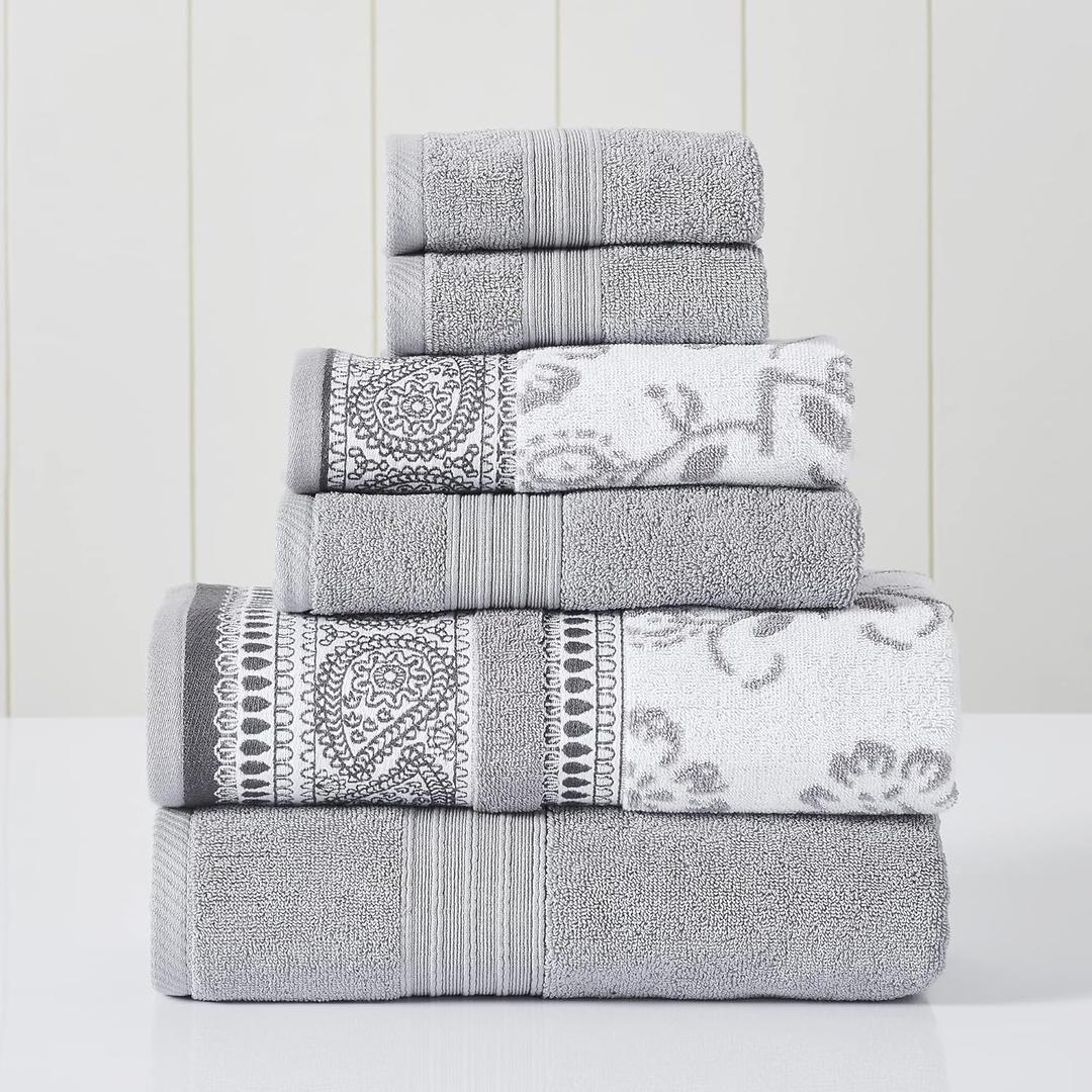 Modern Threads 6 Piece Set, 2 Bath Towels, 2 Hand Towels, 2 Washcloths Yarn Dyed Jacquard/Solid Towel Set Ophelia Stone (Standard, Stone)