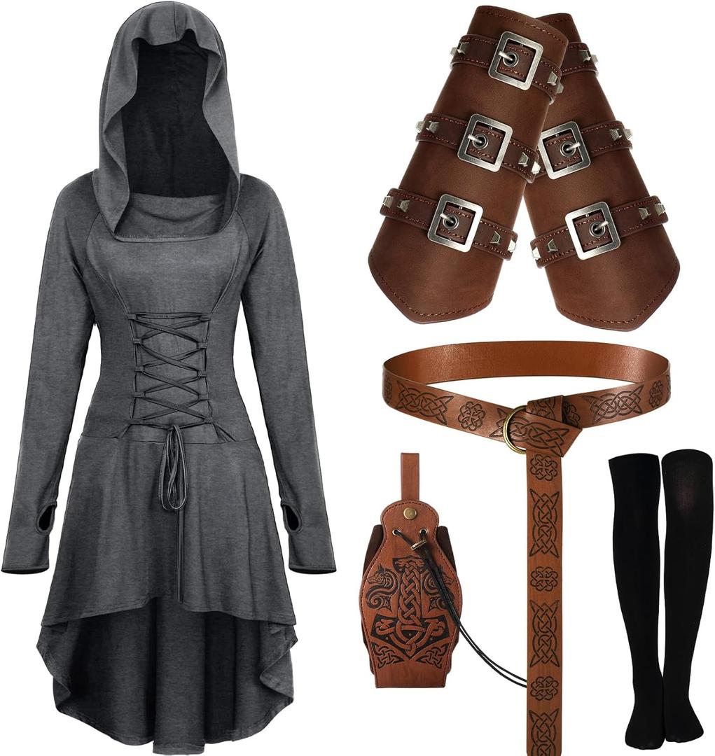 Suhine 5 Pcs Mardi Gras Renaissance Women Costume Medieval Hooded Robe Vintage Faux Leather Arm Pouch Belt (Medium, Grey)