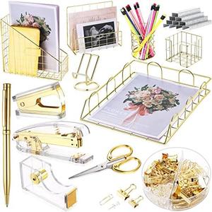 Yaomiao 13 Pcs Desk Accessories Kit Organizer Office Supplies Women Back to School Gift Acrylic Stapler Staple Remover Tape Holder Pen Cup Magazine File Letter Clip Phone Holder Scissor(Gold)