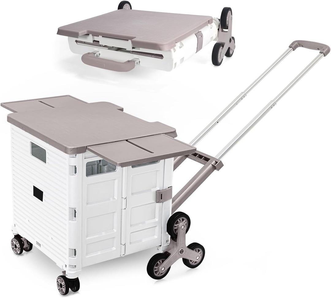 Foldable Utility Cart Portable Crate Rolling Dolly with Telescopic Handle,Can be Pulled diagonally, Magnetic Retractable Lid, 360Swivel Climbing Wheels for Shopping Carrying Groceries Move White (Whitepro)