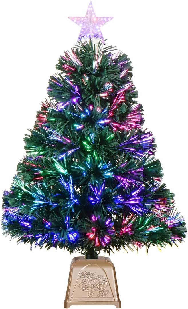 24inch Green Fiber Optic Christmas Tree,Pre-Lit Artificial Mini Christmas Tree, Tabletop Small Xmas Tree with Stars Holiday Home Decorations
