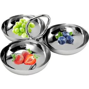 ACJRYO 3-Compartment Stainless Steel Serving Tray with Handle - 304 Food-Grade Snack Plate, Fruit Bowl for Fridge, Party Appetizer Platter, Dishwasher Safe, Portable & Easy to Clean(O Handle)