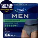 TENA Men Incontinence Protective Underwear for Men, Maximum Plus Absorbency, Bladder Control Adult Diaper, Large, 64 Count (4 Packs of 16count)