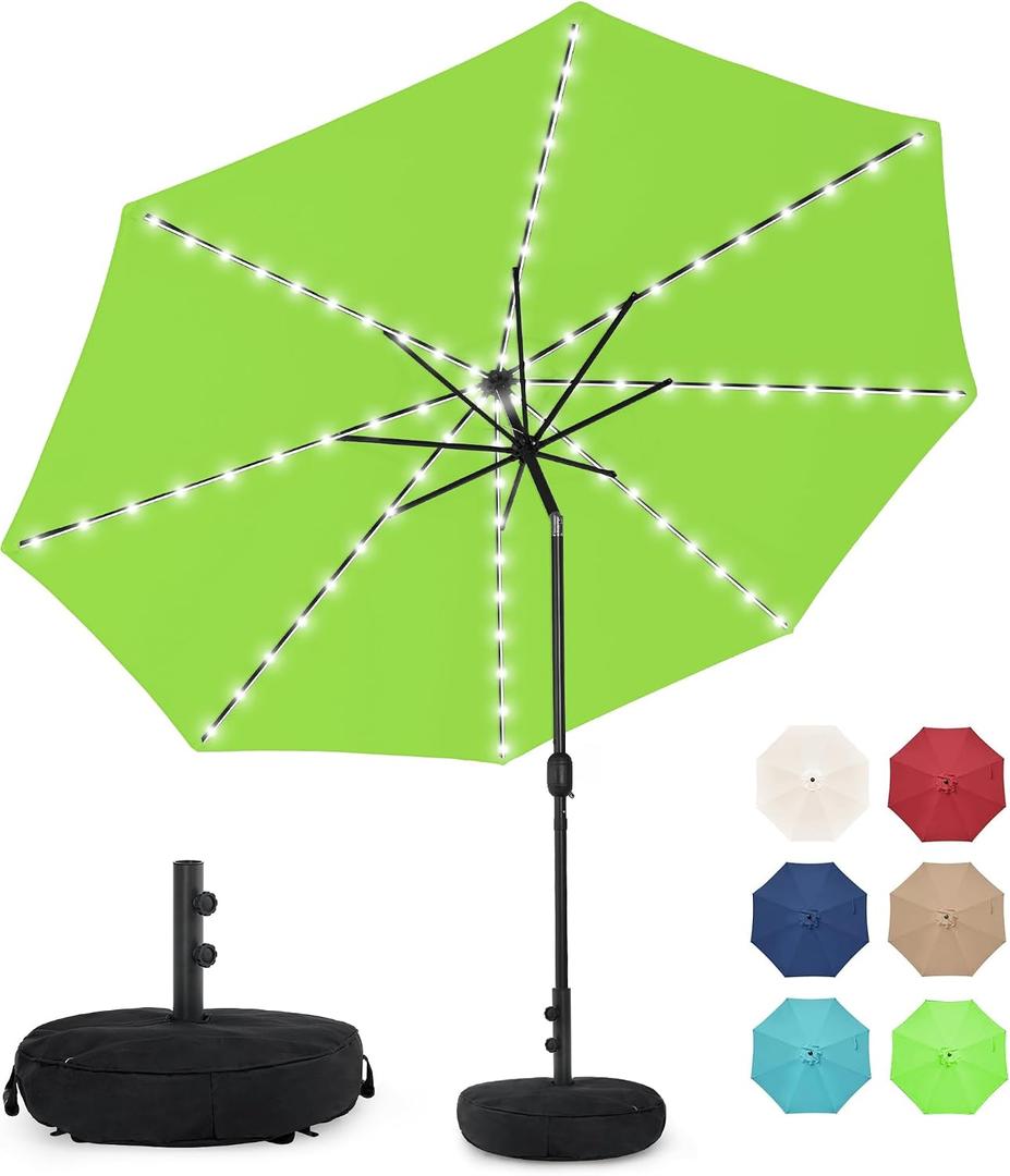 Sundale Outdoor Solar 88 LED 10 ft Patio Umbrella with Sand Bag Umbrella Base, Outdoor Umbrella with Tilt and Crank, Apple Green