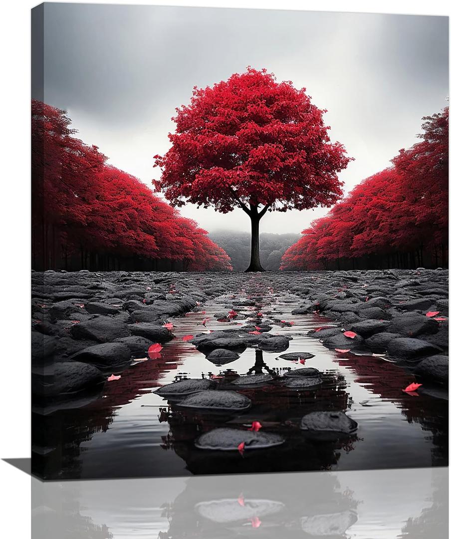 Red Tree Wall Art Zen Stone River Pictures Wall Decor Modern Landscape Nature Canvas Prints Black and White Painting Framed Artwork Decoration for Bathroom Living Room Bedroom Office 16"x24"