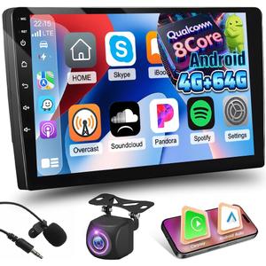 [Qualcomn 8 Core 4+64G] Double Din Android Car Radio with Wireless Carplay and Android Auto - 10 Inch 1280 * 720 Touchscreen Car Stereo - DSP/GPS Navi / 5GHz WiFi/SWC/Bluetooth + AHD Backup Camera
