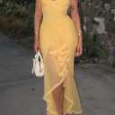 NRTHYE Women Elegant Irregular Ruffles Hem Maxi Dress Mesh Ruched Sleeveless Backless Pleated Long Party Club Dresses (Yellow) Large