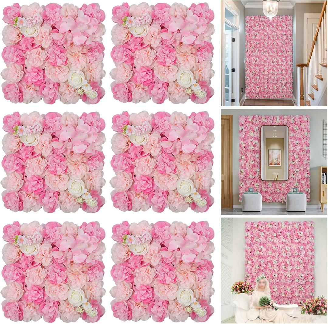 Flowers Wall Backdrop 6PCS 16.5x16.5 Inch Floral Wall Panel Artificial Silk Rose Decor Ideal for Wedding Celebrations, Festive Party Backdrops, and Elegant Home Decor