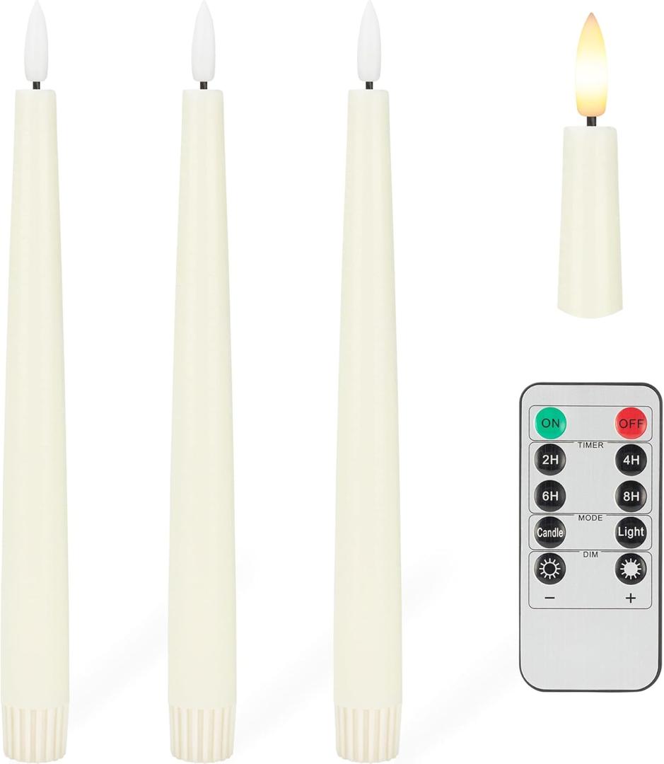 3 x Flameless Taper Candles with 3D Wick, 9.6" Real Wax LED Candles with Remote and Timer, 3 Pack Flickering Candlesticks Battery Operated, Classic Tall Taper Candles for Home, Wedding, Party, Ivory