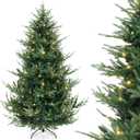 HAPPYGRILL 7 FT Pre-Lit Artificial Christmas Tree, Hinged Xmas Tree with 1090 PVC PE Branch Tips, 340 Warm White LED Lights, 8 Lighting Modes & Gloves, Fake Green Tree for Home, Carnival & Party