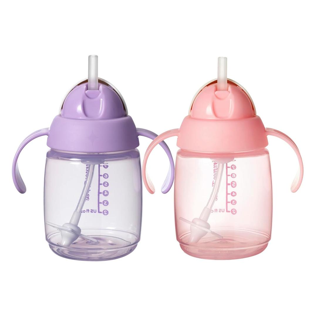 Tommee Tippee Starter Weighted Straw Baby & Toddler 10oz Sippy Cup for 6 Months+, with Silicone Weighted Straw and Easy-Hold Handles, BPA Free, Pink & Purple, Pack of 2