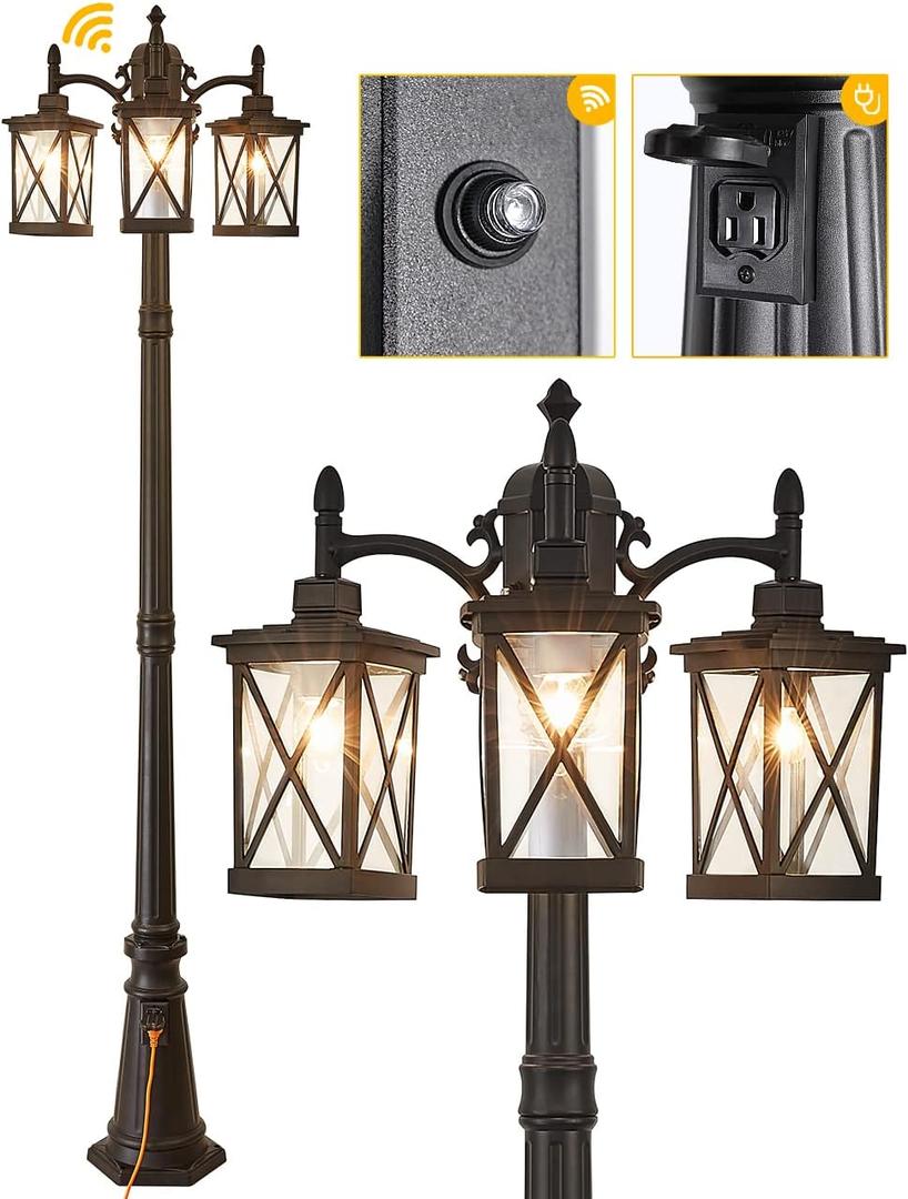 Modern Outdoor Street Light 82.7" H Dusk to Dawn 3-Head Post Lights Outside with Outlet Waterproof Outdoor Lamp Post Lights Street Lantern 3 Light in Black for Exterior Yard