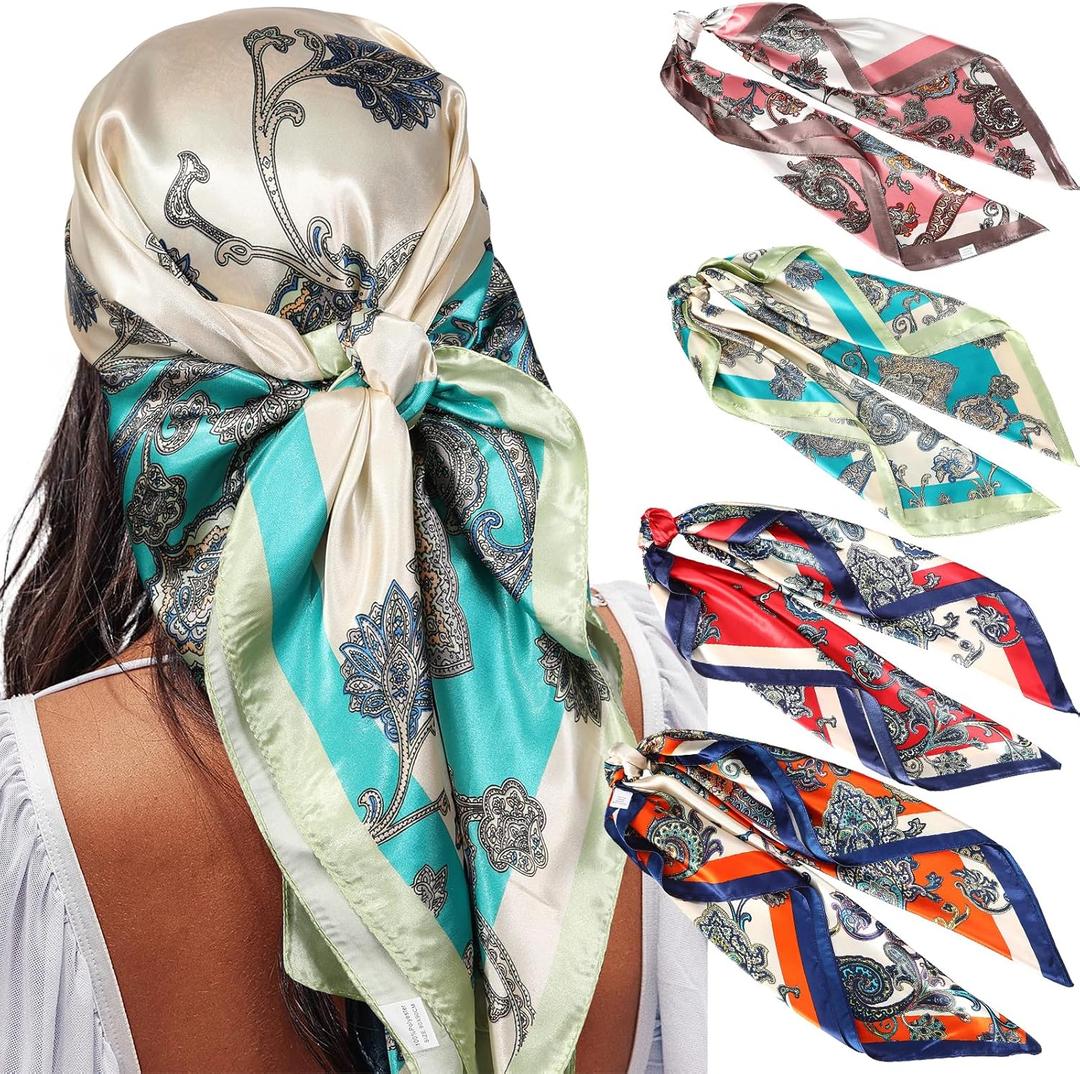 AWAYTR 35 Satin Large Square Head Scarves - 4PCS Silk Like Neck Scarf Hair Sleeping Wraps Satin Silk Scarfs for Women