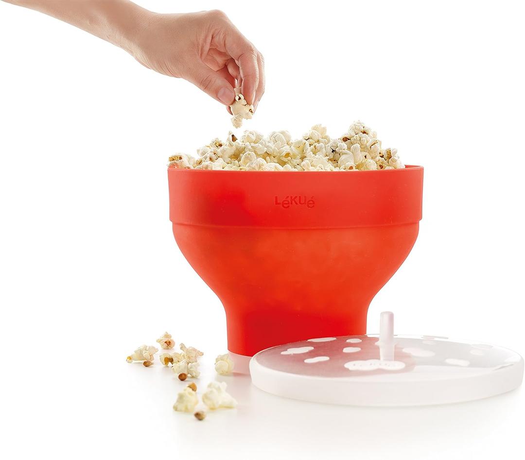 Lku Microwave Popcorn Maker | Standard | Red | Fast, Healthy Pop-Up Popcorn Bowl, Cooks 2-3 Servings in 3 mins | Folds Down to Save Space, No Oil Needed, Includes Fat-Free Recipes | Dishwasher Safe