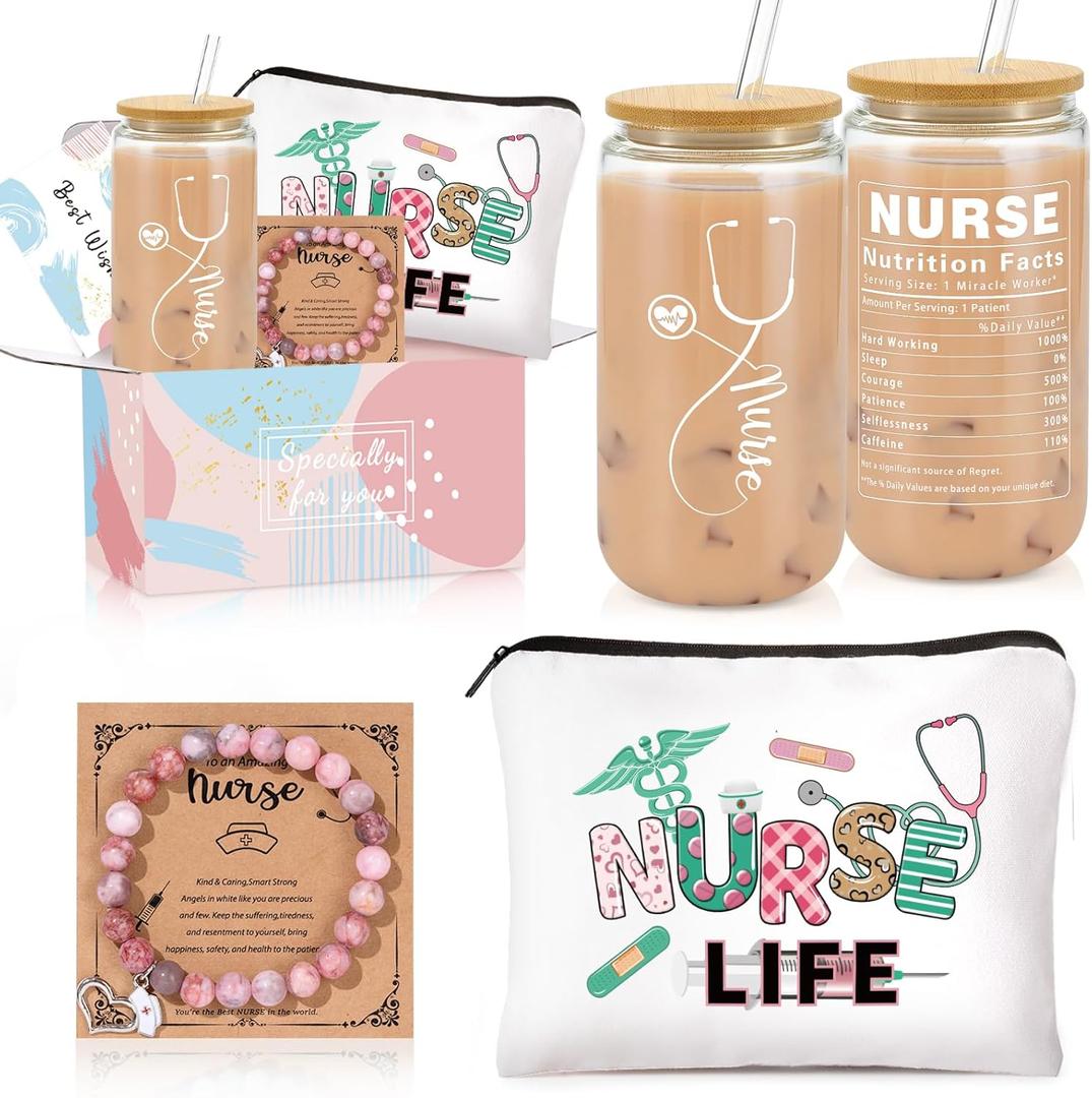 Nurse Gifts for Women, Nurse Appreciation Gift Baskets for Women, Nurses Week Gift Set, Nurse Graduation Birthday Box for Female 16 oz Can Glass, Makeup Bag, Bracelet