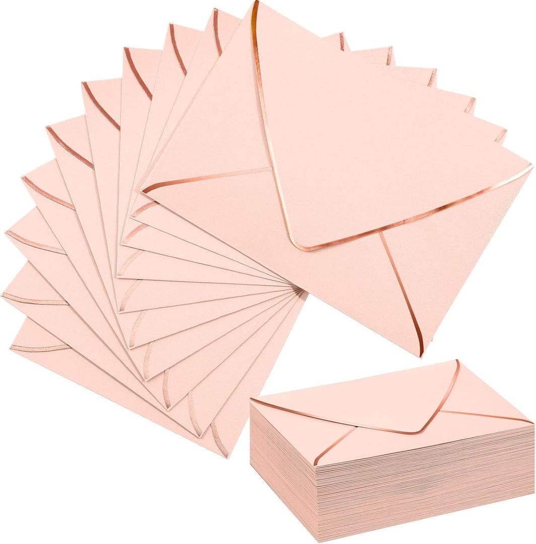 Mimorou 100 Pcs A7 Invitation Envelopes Bulk for 5" x 7" Cards V Flap Foil Border Luxury Self Adhesive Mailing Envelope for Wedding Baby Shower Bridal Birthday Party(Blush Pink, Rose Gold)