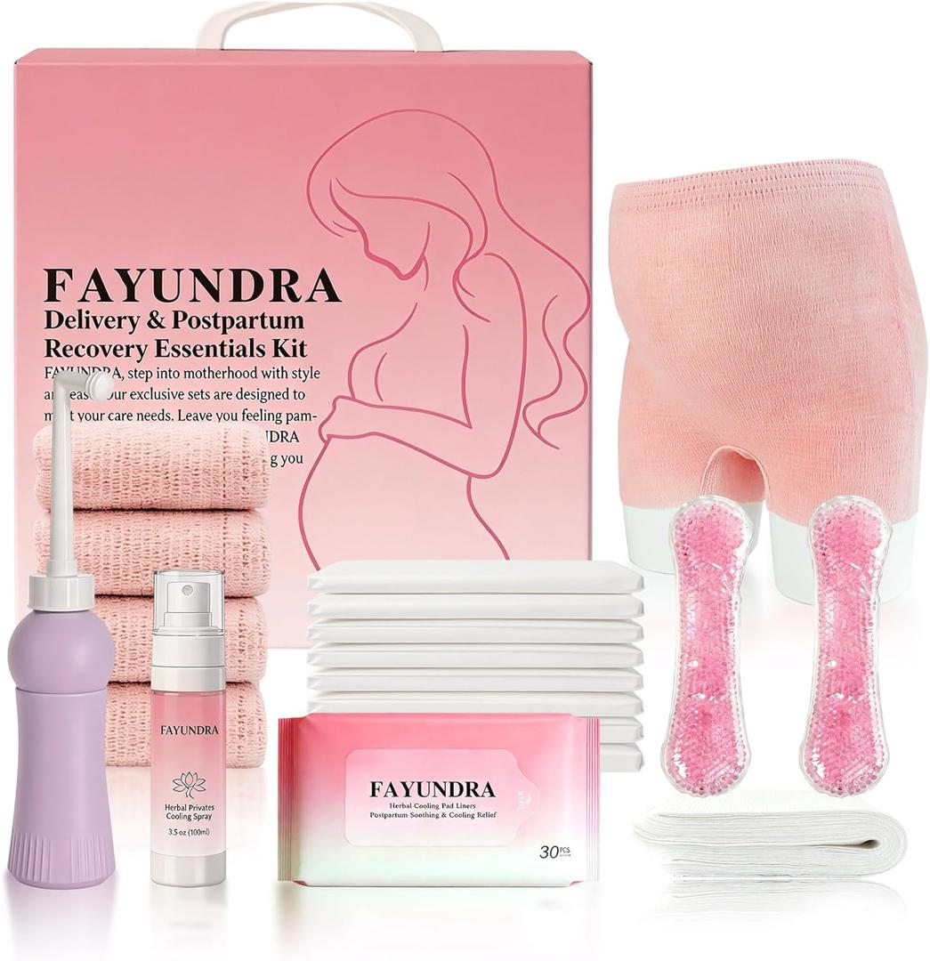 Postpartum Essentials Kit for Labor & Delivery, Postpartum Kit with Cooling Spray, 4 Disposable Postpartum Underwears, 8 Postpartum Pads, 2 Hot & Cold Packs, 30 Pad Liners, Peri Bottle (6)