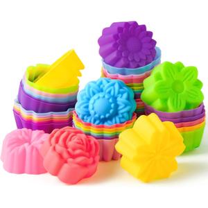 Silicone Cupcake Liner for Baking, 42 Pack Silicone Cupcake Mold Multi Flower Shaped Baking Cup NonStick Muffin Mould Color Washable Cake Cup Liner Mold for Soap Dessert Pudding Donut Party Supply