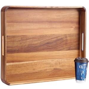 Decent Vrvege Large Wooden Ottoman Tray, Great 22"x18" Rectangle Trays for Big Ottoman Counter, Huge Kitchen Wood Serving Tray Round Corner, Living Room Coffee Table Decor Centerpiece Organizer Trays