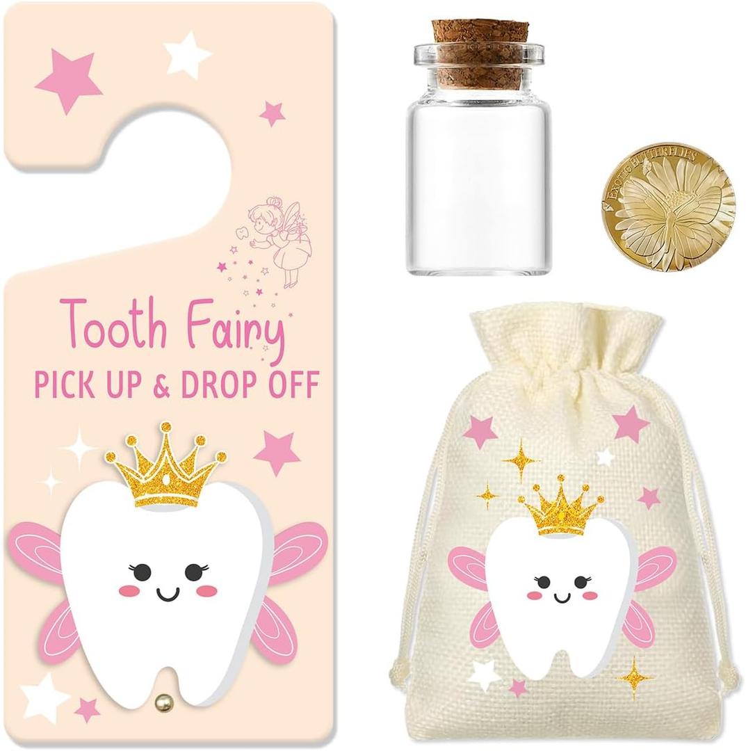 Wooden Tooth Fairy Door Hanger Sign with Keepsake Bottle Coins Pouch, Tooth Fairy Tooth Holder Encouraging Gift for Lost Teeth Boy Girl(Pink)