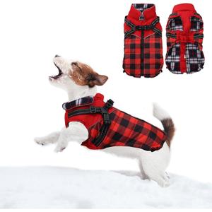 Dog Coat with Harness,Small Dog Winter Coat,Doggie Jackets with Built in Harness,Adjustable Warm Jacket for Dogs,Pet Puppy Cold Weather Coats for Dogs Waterproof (PlaidRed, Small)