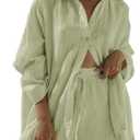 VamJump Women's 2 Piece Outfits Casual Long Sleeve Button Down Shirt and Shorts Tracksuit Matching Sets S