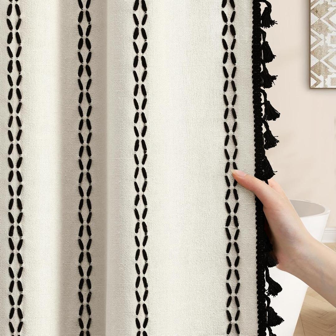 Linen Boho Shower Curtain Off White Fabric with Black Embroidery Woven and Tassel, 72" L X 48" W