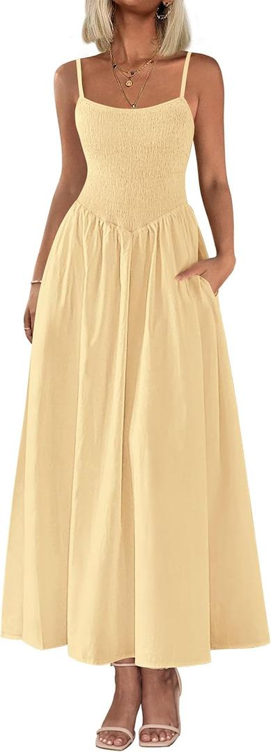 PRETTYGARDEN Women's Smocked Maxi Dresses 2026 Summer Sundress Casual Spaghetti Strap Swing A Line Long Flowy Beach Dress (Yellow, S)