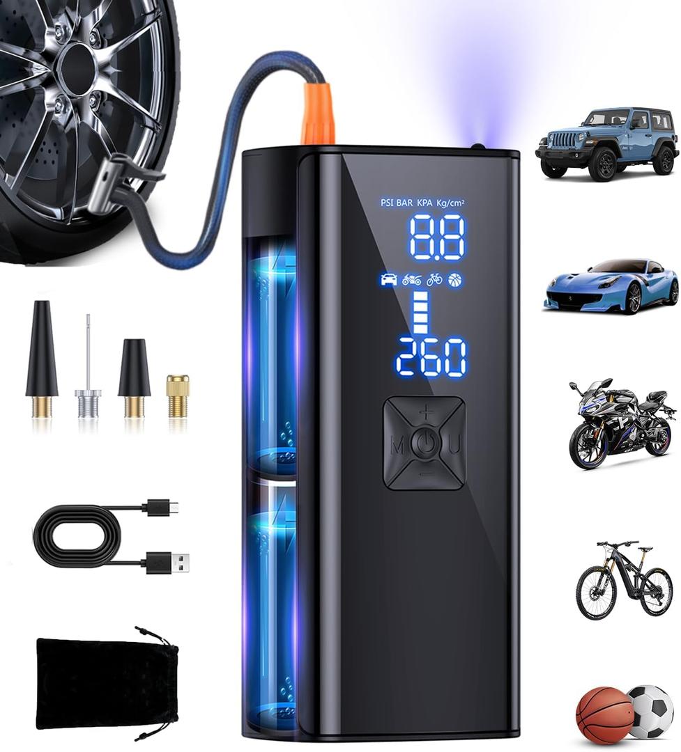 Tire Inflator Portable Air Compressor, 2X Faster Inflation Air Pump with Tire Pressure Gauge and LED Light, 150 PSI Portable Compressor for Cars, Balls, Bikes and Motorcycles (Black-cq)
