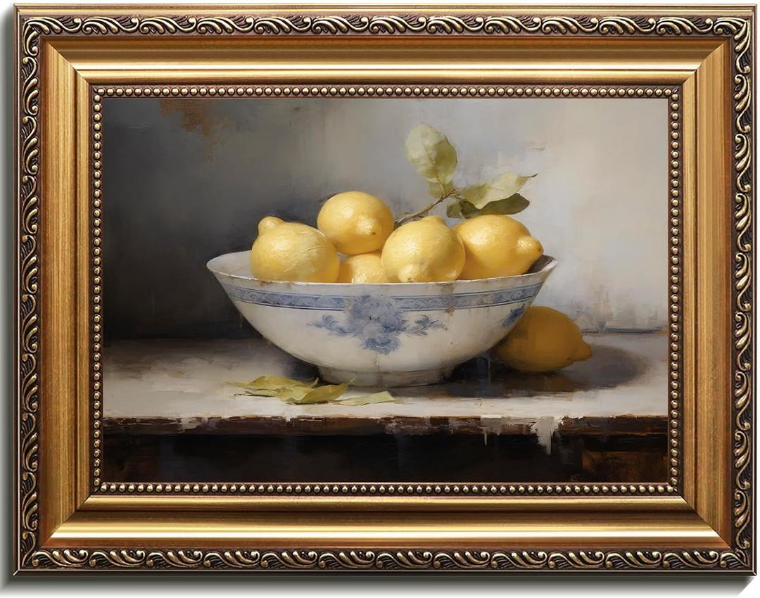 uniro Vintage Gold Framed Wall Art, Vintage Lemons Still Life Canvas Art Prints Painting, Antique Fruit Wall Art Picture, Rustic Kitchen Art Farmhouse Wall Decor for Kitchen, Dining Desktop Decor - 16x24Inch