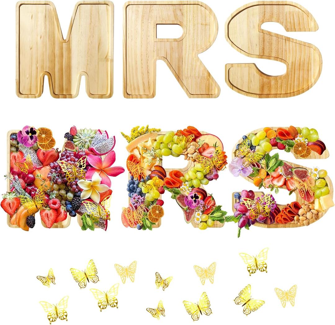 Wooden Mrs Charcuterie Board Letters Fillable,3pcs Mrs Letters for Charcuterie Board with 24 Gold Butterfly,Charcuterie Letter Tray for Bridal Shower Party Engagement Bachelorette Decorations