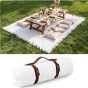 Frienda 70 x 120 Inch Extra Large White Outdoor Picnic Blanket Woven Cotton Yarn Blanket with Fringe and Leather Storage Strap Boho Decor for 8 to 12 Camping Lawn Wedding Photoshoot Beach Park Grass