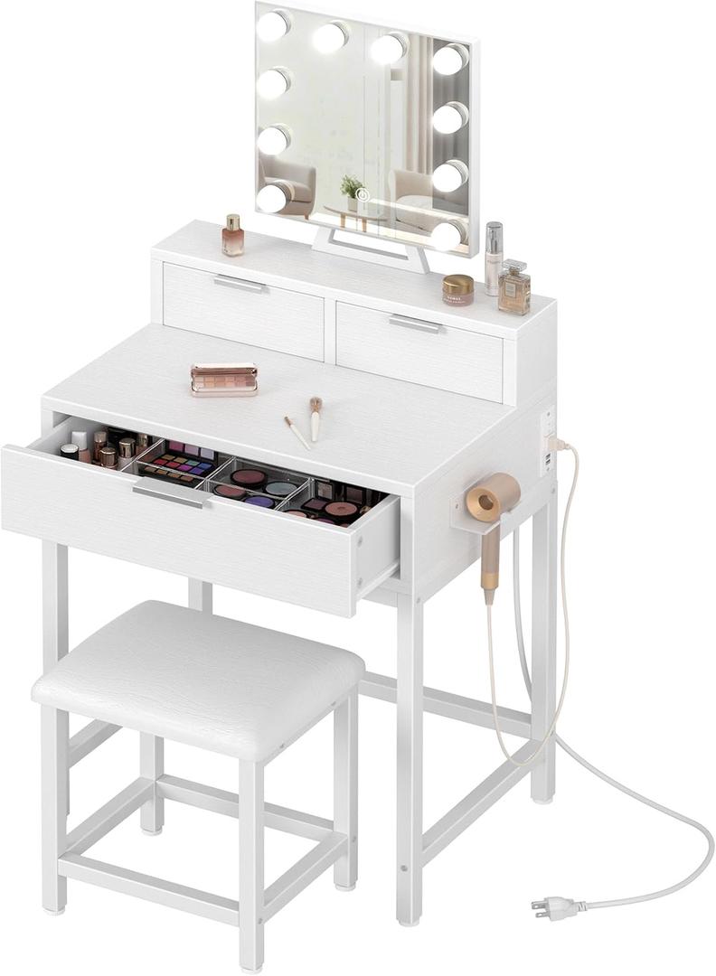 BOLUO White Makeup Vanity Desk with Hollywood Mirror and Lights, Girls Vanity Set with Stool, Compact Make Up Table with Drawers and Outlet for Bedroom Small Space