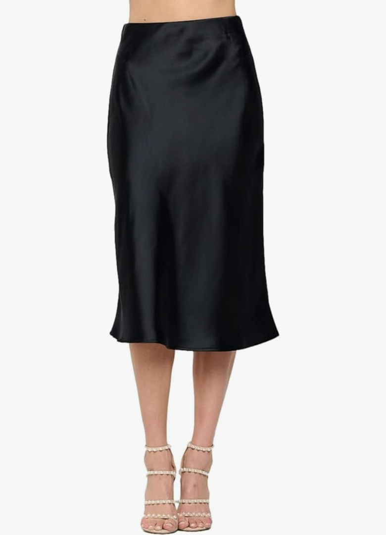 Women Solid High Waist Silky Casual Elastic Satin Midi Skirt -Made in USA , S