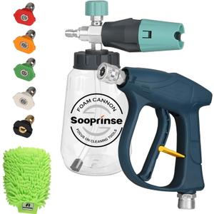 Sooprinse Short Pressure Washer Gun with Foam Cannon, High Pressure Washer Gun Snow Foam Lance with 1/4 Inch Quick Connector, 5 Nozzle Tips with Car Wash Mitt, 3000 PSI, 1 Liter (Dark Green + Grey Mint Green)
