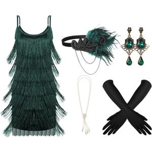 Zhanmai 6 Pcs Flapper Dress Flapper Costumes for Women 1920s Accessories Set Headband Pearl Necklace Earrings Gloves Stick (Small, Dark Green)