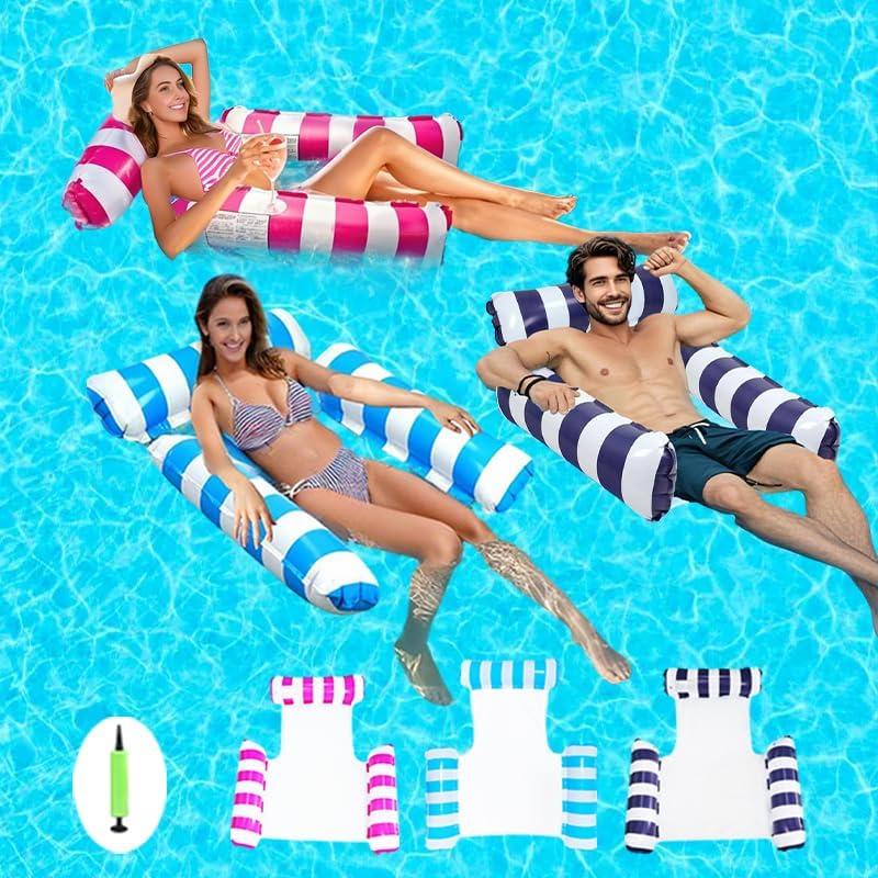 3 Pack Pool Floats Adult, 4-in-1 Inflatable water Hammock, 3 Tubes Inflatable Hammock for Adults, Portable Floating Chair Bed, Pool Floaties Toys for Adults Vacation Fun and Rest, Free inflatable pump (Light Blue + Pink + Dark Blue)