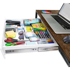 Large 23.6 Inch White Under Desk Drawer Slide Out, Great For The Office, Home And Workspace. Pencil & Undermount Pull Out Under Counter Workbench Attachable Drawer, Made Of Carbon Steel