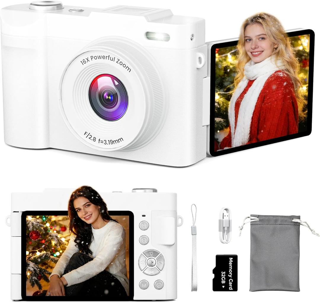 4K Digital Camera for Photography, Small Vlogging Camera with Flip Screen for YouTube, 50MP 16X Zoom, Portable Travel Cameras with 32GB SD Card for Beginners(White)