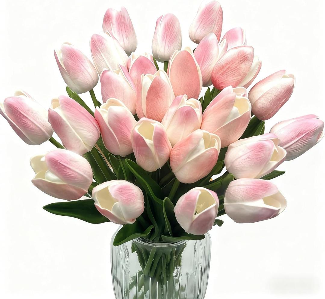 Artificial Tulips - 16 Light Pink Real Touch Flowers for Home Wedding Mothers Day Easter Valentine's Day Decoration