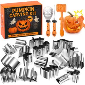 Draupnir 25 Pcs Halloween Pumpkin Carving Kits,3 Pcs Pumpkin Carving Tools with Hammer and 22 Pcs Stainless Steel Stencils,Easy Safe and Durable DIY Halloween Cutters Shape