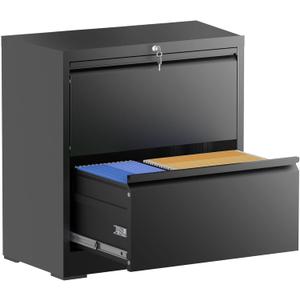 FOSTOKO 2 Drawer File Cabinet with Lock, 26.8" W Lateral Filing Cabinet, 26.8"W - 2 Drawer, Black