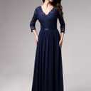 MISSMAY Women's Vintage Floral Lace V Neck Evening Bridesmaid Formal Long Dress (XXL)