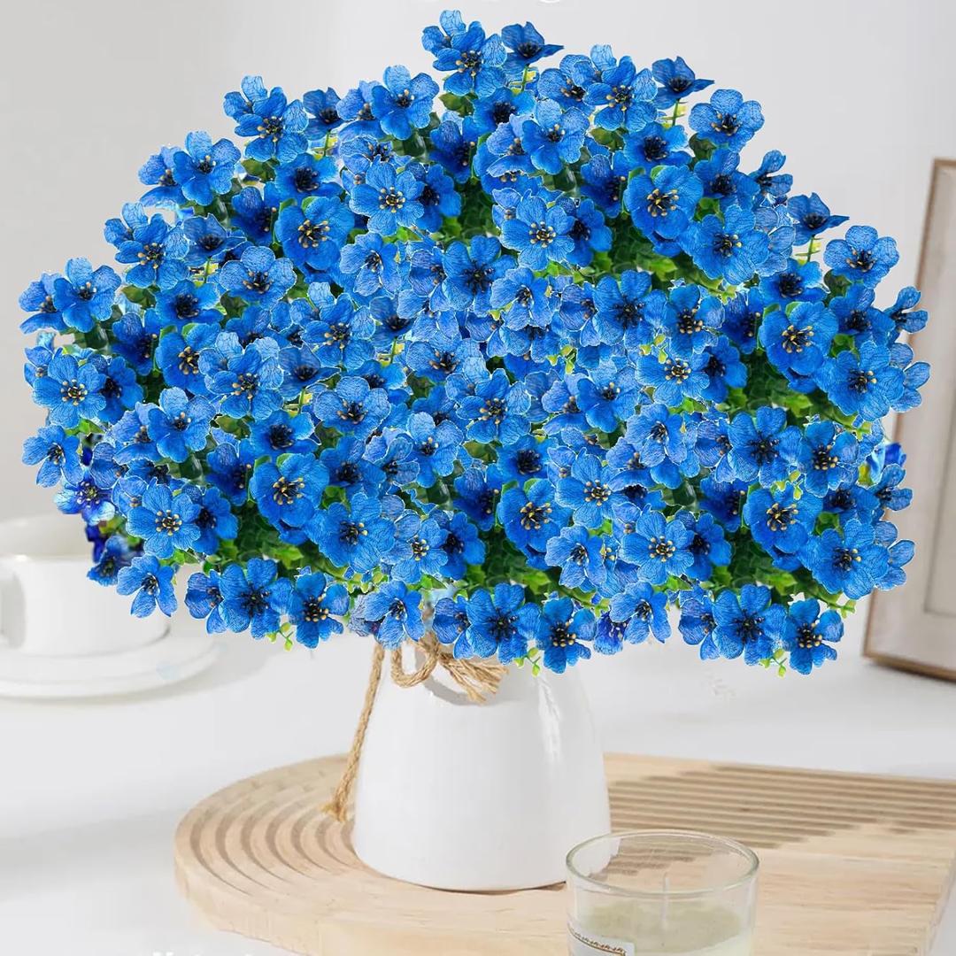 Artificial Faux Plants Flowers Outdoor Spring Summer Decoration, 12 Bundles Artificial Flowers Outdoor UV Resistant Fake Plastic Flowers Faux Plants for Planter Porch Patio Decor (12, Blue)