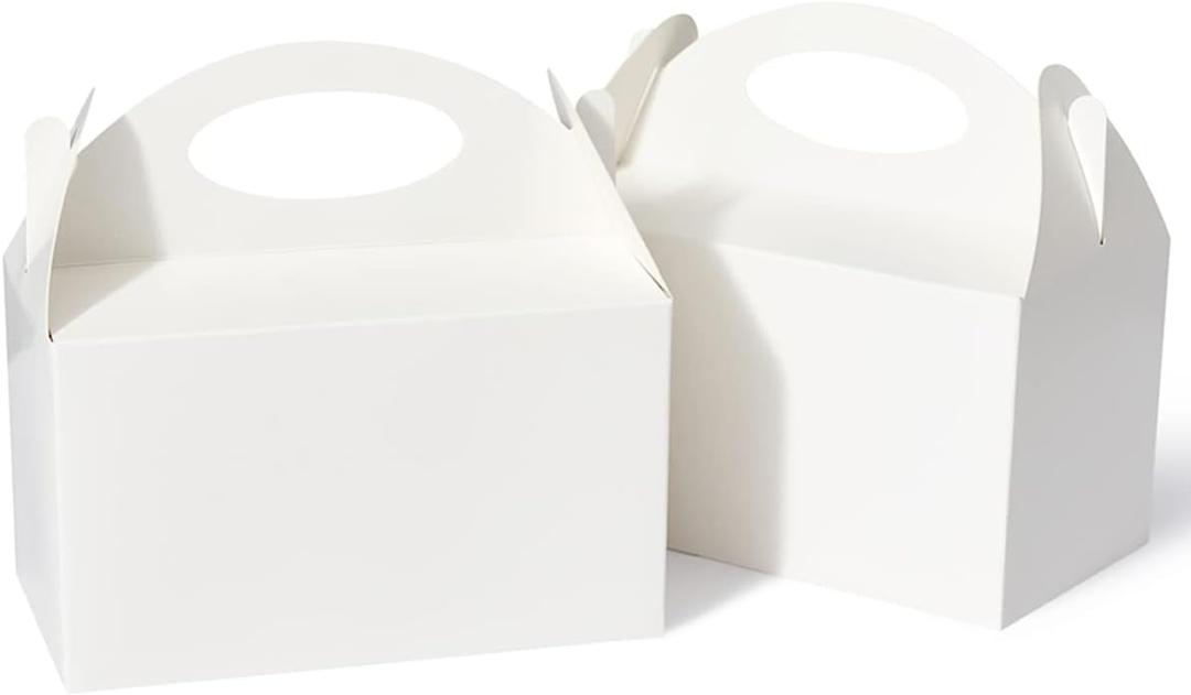 Happyhiram 50 Pcs Party Treat Boxes - White, 6 Inch Candy Boxes with Handle - Paper Cookie Gift & Snack Goodie Bags for Kids Birthday, Baby Shower, Wedding
